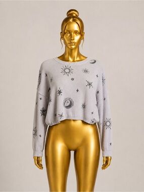 Sincerely Jules Celestial Sun & Moon Cropped knit sweater gray small